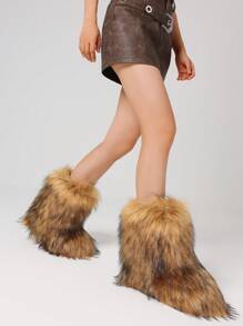 Winter Snow Boots Faux Fur Boots For Women Warm Fuzzy Fluffy Winter Furry Snow Boots Flat Shoes Outdoor - 駝色 - 查看 8