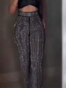 Women's High-Shine Trousers All Crafted In Perfect Stonework Modeling - màu đen - Xem 3