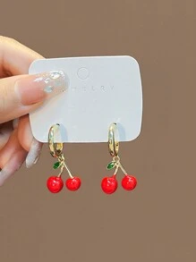 1 对时尚精致新潮可爱樱桃吊坠耳环，日常搭配红樱桃环状耳环，新品