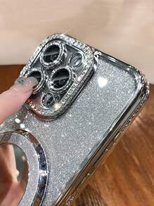 奢华水钻电镀闪亮银色手机壳带支架，适用于 17 Pro Max/17 Pro/17 Air/17/16 Pro Max/16/16 Pro/16 Plus/16E/15/15 Pro Max/15 Pro/15 Plus/11/12/13/14 Pro Max/XS/XR/11 Pro/11 Pro Max/12 Pro/12 Pro Max/13 Pro/13 Pro Max/7 Plus/14 Pro/14 Pro Max/14 Plus/7 Plus/8 Plus/8/SE2，极简软壳 - 銀色+鏡頭膜+鏡子支架 - 查看 7