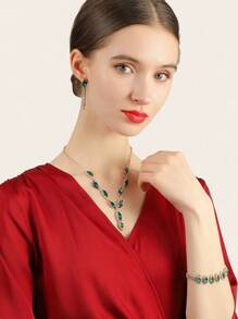 LETODE 4 件水钻首饰套装闪亮项链耳环手链套装适用于婚礼手拿包女士钱包和手提包优雅宴会晚宴斜挎包 - 綠色 - 查看 3