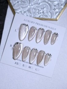 100% Handmade Sequin Rhinestone Decorated Cat Eye Nails, 10pcs Apricot Sequin Cat Eye Shape Reusable Fake Nails, Suitable For Women And Girls, Daily And Party Use All Seasons Nail Art Product Handmade Press On Nails - Khaki - View 14