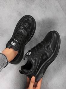 Spring/Autumn New Rose Graphic Thick Sole Casual Shoes, Lightweight Shock-Absorbing Soft Bottom Running Shoes, Women Casual Flat Shoes, Daily Wear Black Cloth Shoes - Black - View 6