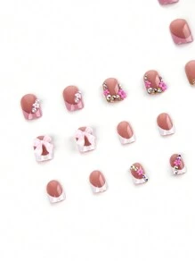 Sanrio Add A Touch Of Romance With 24pcs Short Square Classic Simple French Style Pink Bow-Knot Faux Pearl Decot And Elegant 3D Floral Rhinestone Decor Full Cover Fake Press On Nail Kit Will Give Your Look A Sweet Lovely Suitable For Daily Spring Dating Press On Nails
