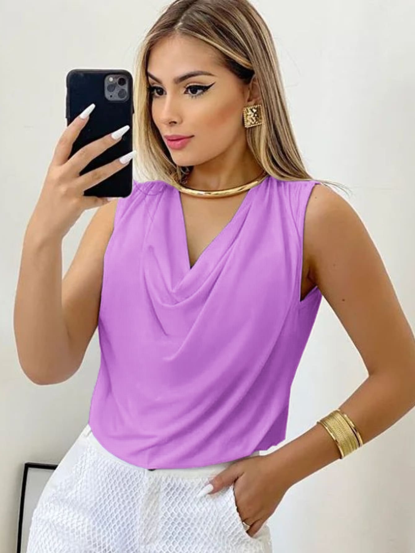 Women's Suplex Tank Top With Simple Boba Collar For Summer - Lilac Purple - View 1