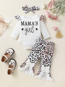 3pcs Set Casual Elegant Sweet Cute Baby Girl Outfit, Soft & Comfortable, Letter Heart Print Ruffle Trim Knit Romper And Leopard Print Flared Pants