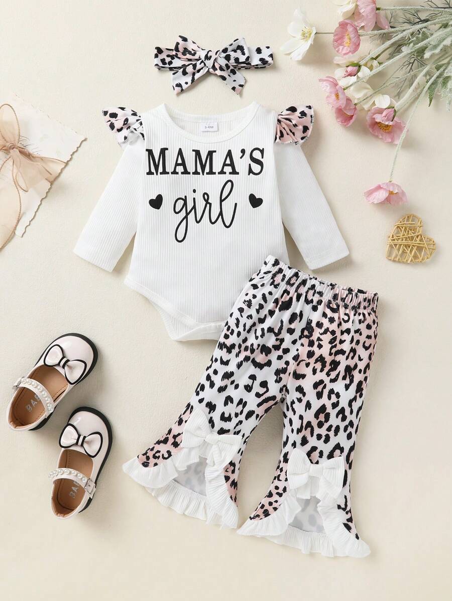 3pcs Set Casual Elegant Sweet Cute Baby Girl Outfit, Soft & Comfortable, Letter Heart Print Ruffle Trim Knit Romper And Leopard Print Flared Pants