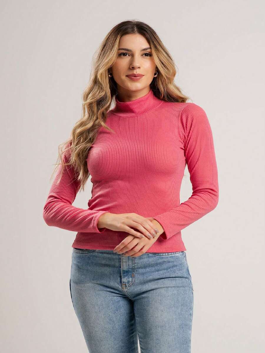 Women's Basic Ribbed Long Sleeve Turtleneck Casual Cold Weather Work Dyeu Blouse - Hồng - Xem 1