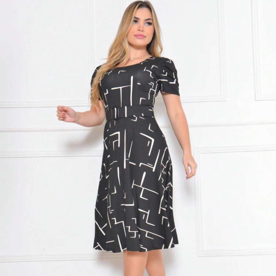 Midi Dress With Removable Belt, Puff Sleeves, Round Neck - 黑色 - 查看 1
