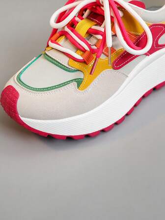 1 Pair Women Colorful Casual Sneakers, Round Toe, Lace Up, Waterproof, For Outdoor, Spring Autumn