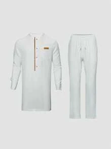 White Two-Piece Outfits For Men, Crewneck Long Sleeve Shirt With Decorative Buttons And Drawstring Trousers For Dates, Wedding, Party - 白色 - 查看 2