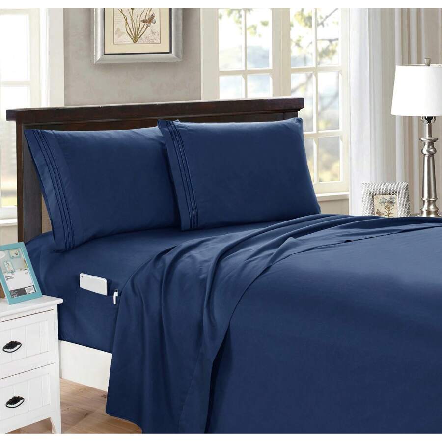 Elegant Comfort Luxury 4pcs Smart Pocket Sheet Set 16 Inch Deep Pockets - Ultra Soft Machine Washable Luxury 4-Piece Bed Sheet Set - Fade And Wrinkle Resistant Premium Hotel Quality Twin/Full/Queen/King Bedding Set- 4PC Sheets For Daily Use, Dorms, Guest Rooms, Christmas Decorations Gifts, Cozy Winter Styles (4pcs For Twin Size Sheet Set) - 海軍 - 查看 1