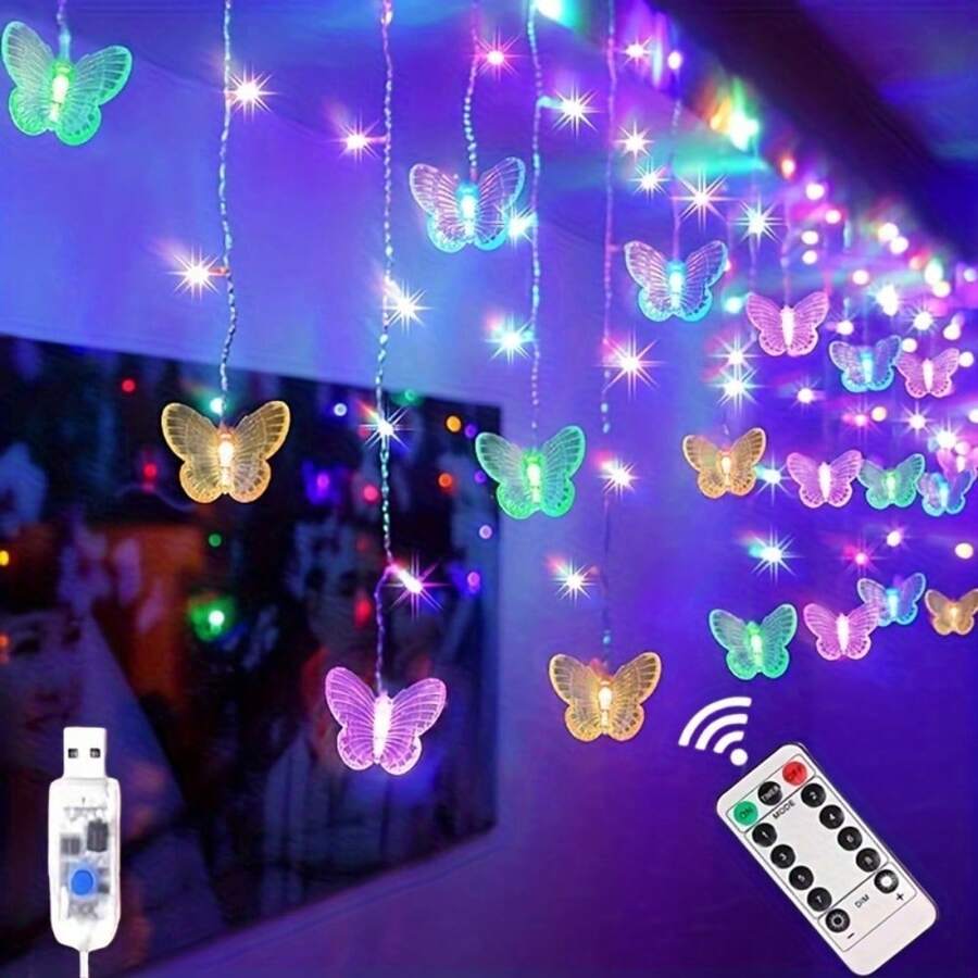 1pc Magic Butterfly LED Curtain Light - 96 LED Beads, 8 Modes, USB Powered, Remote Control, Copper Wire String Lights, Suitable For Nursery, Bedroom, Wedding, Party, Dorm, Patio Decor, Baby Shower, Home Decor, Gift - Multicolor - View 1