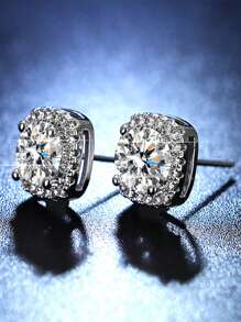 2pcs Square White Zirconia Stud Earrings, Cool Men's Diamond Inlaid Earrings