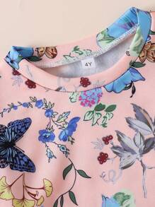 2pcs Fashion Butterfly Flower Printed Long Sleeve Sweatshirt & Dress Set For Girls - Multicolor - View 3