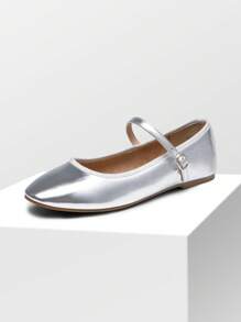 Women's Ballet Mary Jane Flats Buckle Strap Round Toe Leather Slip-On Comfortable Versatile Shoes - 銀色 - 查看 2