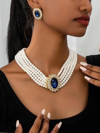 3pcs European And American Fashion Vintage Elegant Luxurious Medieval-Style Gold Plated Rhinestone Simulated Sapphire Faux Pearl Beaded Necklace, Choker And Earrings Set For Women's Daily, Festival, Formal Dress, Wedding, Engagement, Vacation, Jewelry Gift Accessories