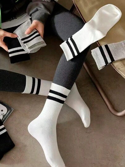 3双装黑白灰条纹中筒袜，休闲运动踝袜，适合打底裤，学生适用，薄款