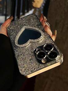 Valentines Y2K Luxury Glitter 3D Heart Mirror Sequins Silicone Phone Case Compatible With IPhone 15 14 13 12 Pro Max 11 Girls Lens Protection Cover - Silver - View 4