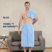 2 Pcs Men Solid Color Bathrobe Towel Set, Modern Super-Fiber Rectangular Pocket Absorbent Bath Robe, Home Bathroom Use Summer Wedding Home Bathroom Decor Back To School - Multicolor - View 12