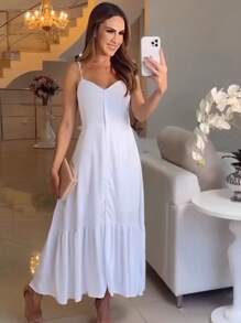 Long Crepe Dress With Padded Bra And Buttons - Blanco - Ver 2