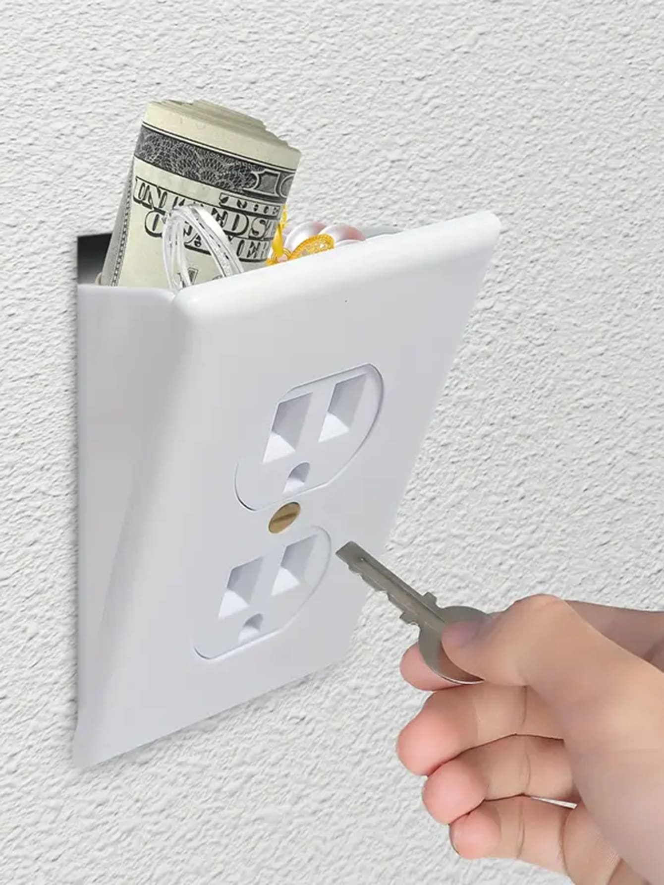 1 pieza Caja de seguridad divertida de plástico para enchufe de pared, compartimento oculto impermeable para guardar dinero y joyas, caja de seguridad del enchufe oculta, sin necesidad de energía, caja de almacenamiento de llaves de toma falsa, caja organizadora, segura, escondite secreto para dinero - Blanco - Ver 1