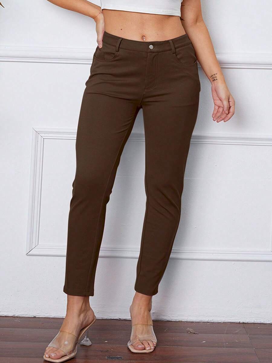 Women's High-Waisted Pants Stretchy Stitch Slim Fit Pants With Pockets Solid Color Button Zip Ankle Length Perfect For Work Or Casual Outings - 摩卡 - 查看 1