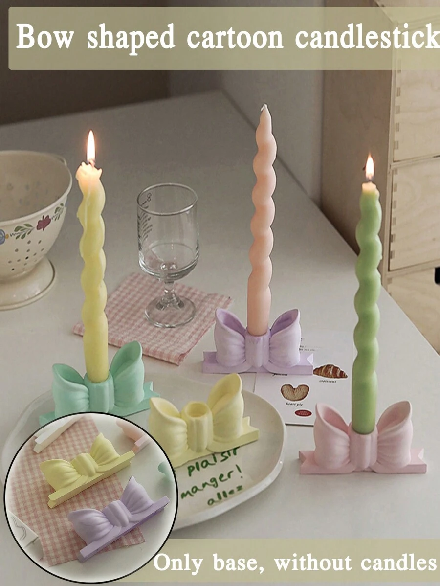 1pc Candy Color Cartoon Bow-Knot Candlestick, Creative Decor Pink Gypsum Bow Candle Holder - Multicolor - View 1