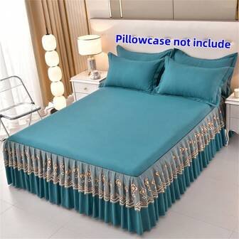1pc High Gram Weight Solid Color Pleated Lace Bed Skirt, Suitable For All Seasons, Bedroom, Dorms, Hotels, Rental Homes, Offices And More. Luxurious Lace Trim Bed Skirt To Keep Your Bedroom Elegant And Cozy. Bed Skirt Only - Pillow Case Not Included