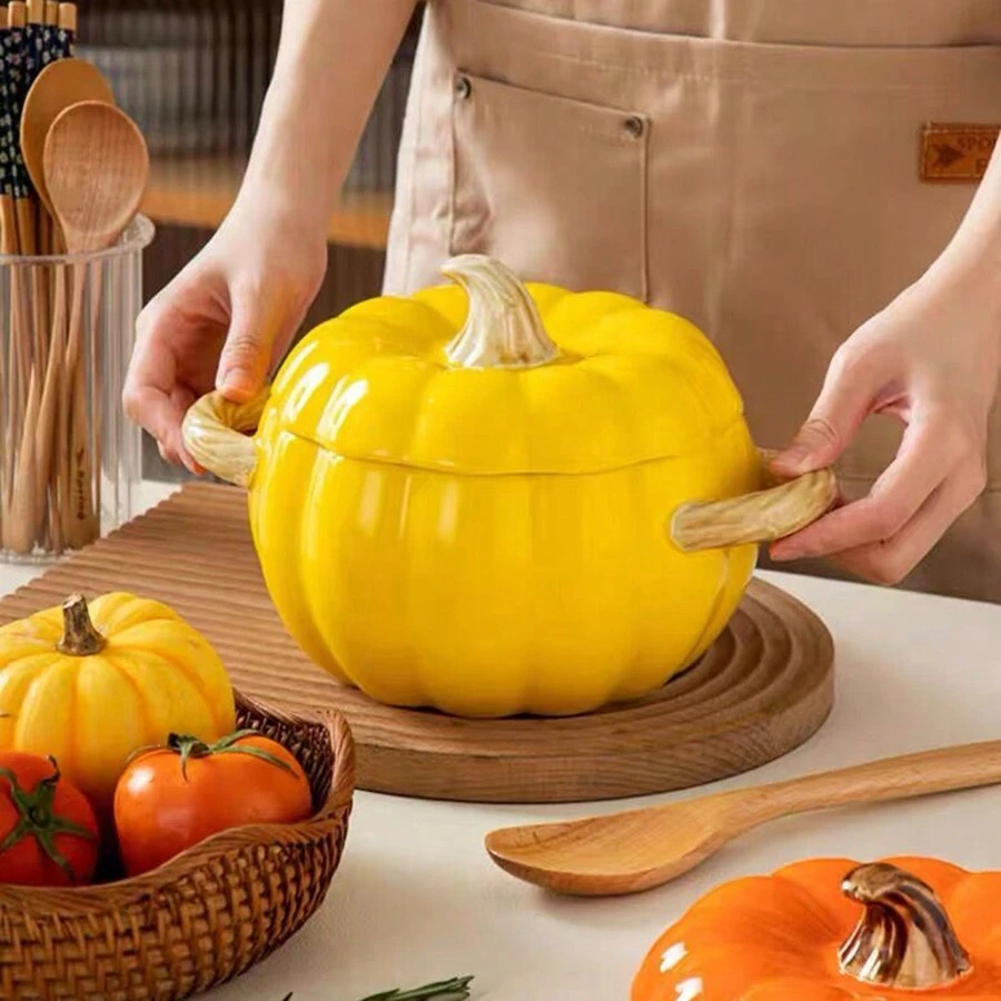 1set Dutch Oven Pot With Lid, Ceramic Pumpkin Dish, Halloween Christmas Pumpkin Pottery Dessert Saucepan, Baking Dish Cute Pumpkin Bowl, Covered Dutch Oven Ceramic Stockpot, Pumpkin-Shaped Casserole 50OZ,Christmas Gift - Multicolor - View 1