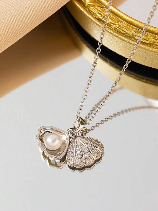 1 Pièce Collier En Acier Inoxydable Avec Zirconium Micro-incrusté , Coquillage Et Pendentif En Fausse Perle