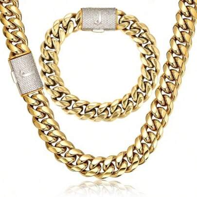 2pcs 14mm Men Curb Punk Link Chain Thick 18K Golden Plated Hip Hop Jewelry Set Stainless Steel Initial Letter J Buckle  Necklace Bracelet Set