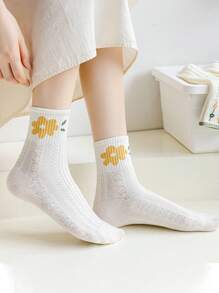 5 双女士时尚拼色绿色花卉印花纹理中筒袜，适合日常穿着 - 彩色 - 查看 3