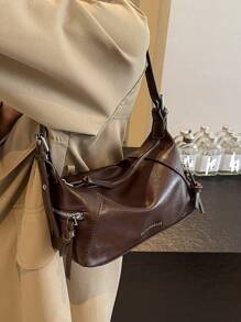 Túi đeo vai nữ mới 2025, Túi xách thiết kế độc đáo, Túi đeo nách thời trang tối giản đa năng thường ngày, Chất liệu PU thoải mái, Màu trơn, Khóa kéo, Dây đeo dài có thể điều chỉnh, Rộng rãi, Túi gối mùa xuân/hè - Cà phê nâu - Xem 3