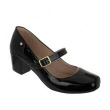 Women's Patent Leather Doll Dress Shoes, Medium Low Block Heel, Pointed Toe, Comfortable, Colorful, Various Colors, Black, Black, Nude, Pink, Rose, Pinkish, Red, White - Ref. 6484 - Black - View 1