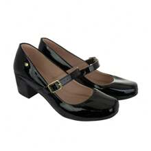 Women's Patent Leather Doll Dress Shoes, Medium Low Block Heel, Pointed Toe, Comfortable, Colorful, Various Colors, Black, Black, Nude, Pink, Rose, Pinkish, Red, White - Ref. 6484 - Black - View 3