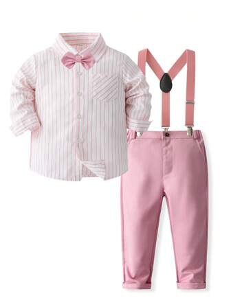 KIMOCAT 年轻男孩 2 件套绅士装，粉色长袖条纹衬衫配围兜裤，婚礼/派对
