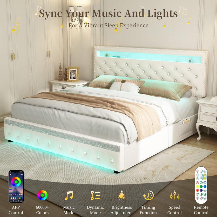 SIBEDS Estructura de cama tamaño reina con luces LED RGB, estructura de cama tapizada de tamaño completo con 2 cajones de almacenamiento, cama de plataforma tamaño king con cabecero capitoné ajustable en altura con botones de cristal, sin necesidad de caja de resortes, silencioso, fácil montaje, de PU y terciopelo suave - Crema de terciopelo - Ver 1