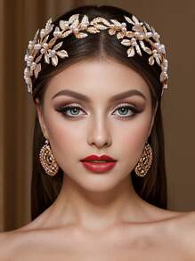 Gold Bridal Headband, Bohemian Alloy Leaf Floral Wreath, Handmade Woven Elegant Soft Wedding Hair Accessories, Bridal Gown Decor - Gold - View 7