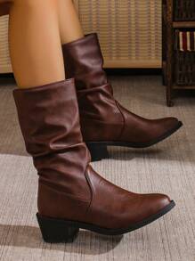 Autumn Winter Fashion Pointed Toe Mid Heel Stacked Heel Cowboy Boots, British Style - Brown - View 3