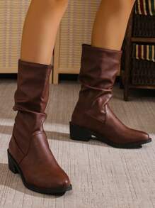 Autumn Winter Fashion Pointed Toe Mid Heel Stacked Heel Cowboy Boots, British Style - Brown - View 5