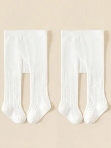 2pcs Baby Girls Minimalist Solid White Soft & Breathable Tights, Suitable For Daily Wear