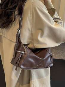 Túi đeo vai nữ mới 2025, Túi xách thiết kế độc đáo, Túi đeo nách thời trang tối giản đa năng thường ngày, Chất liệu PU thoải mái, Màu trơn, Khóa kéo, Dây đeo dài có thể điều chỉnh, Rộng rãi, Túi gối mùa xuân/hè - Cà phê nâu - Xem 8