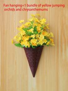 1 pieza Cesta colgante de flores artificiales en forma de abanico, macetero de pared de ratán triangular, canasta colgante de decoración interior para arreglo floral