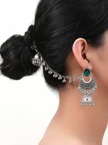 2pcs 2024 New Bohemian Style Women Jewelry Earrings - 1 Pair Vintage Finish Zinc Alloy Earrings With White/Black/Green Rhinestones & Faux Pearl Beads Tassel Design, Perfect For Daily Wear And Gifting