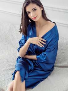 Navy Blue Solid Color Faux Silk Robe, Soft And Comfortable Satin Bathrobe - Navy Blue - View 4