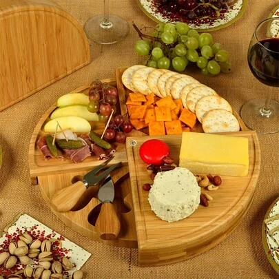 1 Set Bamboo Cheese/Charcuterie Board With Knife Set-Stores As A Compact Wedge-Opens To 18" Diameter