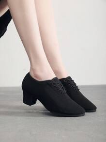 Lace-Up Rubber Sole 3.5-5.5cm Chunky Heel Shoes, Canvas Shoes, Black High Heels, Latin/Ballroom Dance Shoes, Indoor Dance Sneakers For Women, Thick-Sole Sports Shoes, Modern Dance, Latin Dance Shoes, Professional Dance Hall Performance, Dance Practice, Tango, Cha Cha Shoes, International Dance Competition, Women's Dance Sports Shoes/Lightweight Comfortable Non-Slip Breathable - Black - View 2