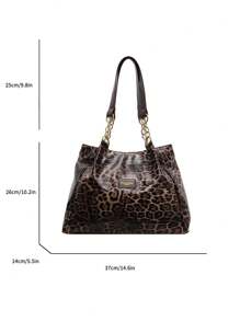 Women Leopard Print Letter Decor Fashionable Versatile Tote Bag, Tote Bags For Women, College Essentials, Fall Winter Fashionable Cheetah Print Purse For Women, New Fall Winter Tiger Print Bag For Women