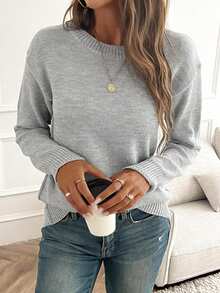 New Design Women's Fashion Minimalist Round Neck Drop Shoulder Long Sleeve Sweater - Grey - View 4